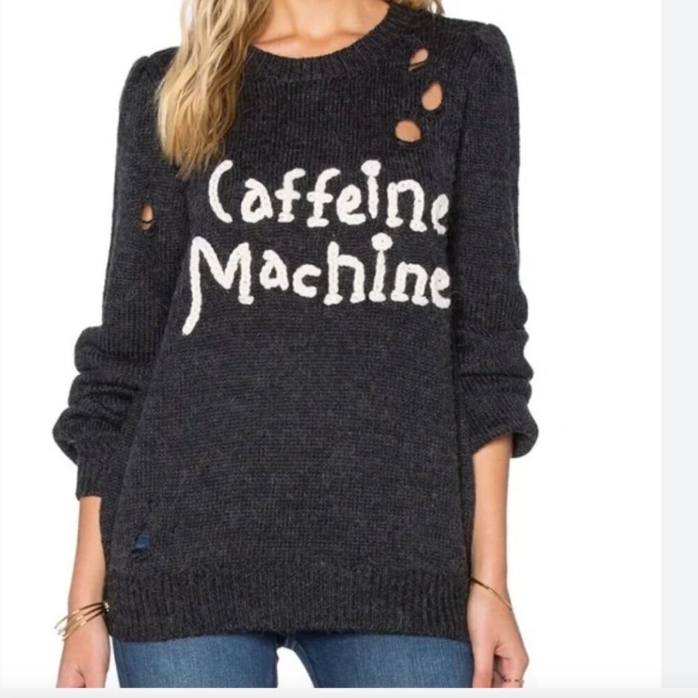 Wildfox Dark Gray Knit Wool Blend Distressed Sweater Caffeine Machine Size Small